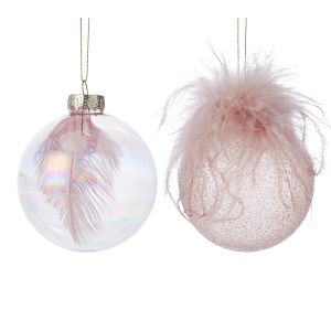 Rogue Glass Feather Ball Ornament Asst 2pk Pink 8x8x9cm