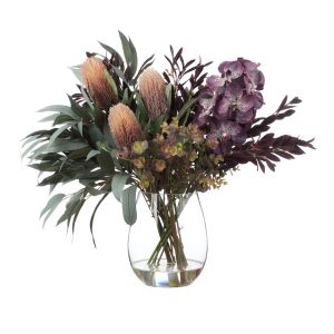 Rogue Vanda Orchid Eucalyptus Mix-Claire Vase Burgundy 76x55x62cm