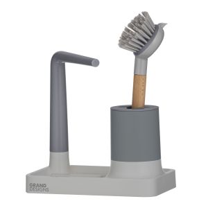 Grand Designs Kitchen  Sink Organizer with Brush Grey/Natural Brush Holder 20x12x20cm​/Brush 25x6.5x6cm​
