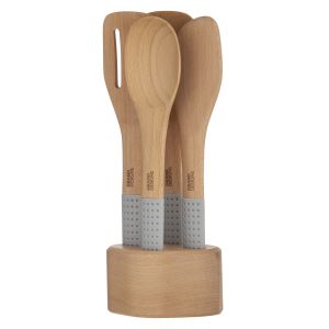 Grand Designs Kitchen  Cooking Utensils with Stand 5pce Natural/Grey Spoon 30x7x1.5cm​/Turner 30x8x1.5cm​/Slotted Turner 30x8x1.5cm​/Rounded Spatula 30x7x1.5cm​/Base 12.5x9.5x7cm