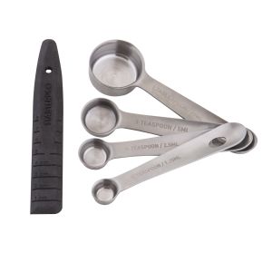 MasterPro Professional Measuring Spoons with Leveller 1/4 Teaspoon-1.25ml/1/2 Teaspoon-2.5ml/1 Teaspoon-5ml/1 Tablespoon-20ml/Leveller 16x2.5x0.3cm Stainless Steel/Black