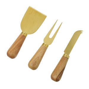 Davis & Waddell Acacia & Brass Cheese Knives Set of 3 Natural 13.5x2.5x2.6cm/13x4.8x2.6cm/14.5x1.8x2.6cm