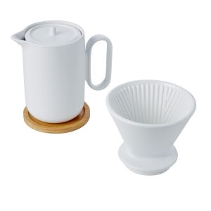 Leaf & Bean Ceramic Coffee Jug & Filter Set with Bamboo Trivet White 12x12x10.5cm/18x10x16cm