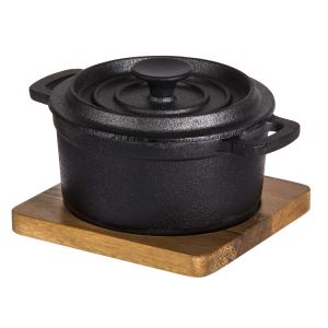 Davis & Waddell Fine Foods Cast Iron Pot with Lid & Acacia Trivet Black/Natural 18.5x14x7.6cm