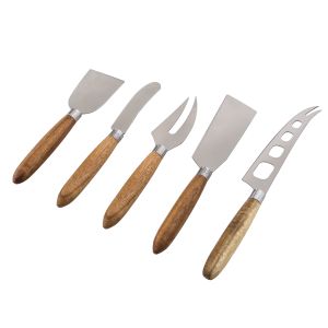 Davis & Waddell Fine Foods Cheese Knife Set 5pce Natural/Stainless Steel Chisel 17x4.8x2cm/Spreader 19x20x2cm/Fork 18.5x3.5x2cm/Cleaver 21x4x2cm/Knife 23.5x3x2cm