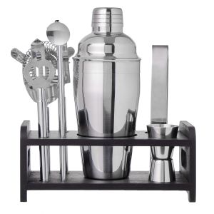 Davis & Waddell Fine Foods Bar Set with Stand 7pce Silver Stand 21x9.5x8.9cm/ Cocktail shaker 8.8x8.8x21.4cm/500ml