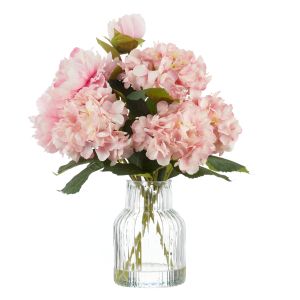 Rogue Hydrangea Peony Mix-Clear Glass Vase Pink 46x46x46cm