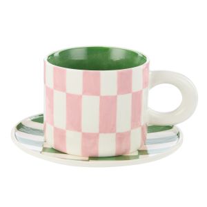 Emporium Check Mug & Plate Set Pink & Green 15x15x1.5cm/300ml