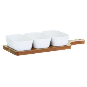 Davis & Waddell Loft Rectangular Dishes 3pcs Set with Acacia Paddle White & Natural 12.5x8x4cm/35x13x1cm