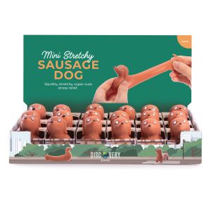 Discovery Zone Mini Stretchy Sausage Dog CDU 18pcs Brown 3.5x7x5.7cm