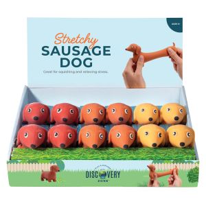 Discovery Zone Stretchy Sausage Dog CDU 12pcs/3 Assorted 4x11.5x7cm