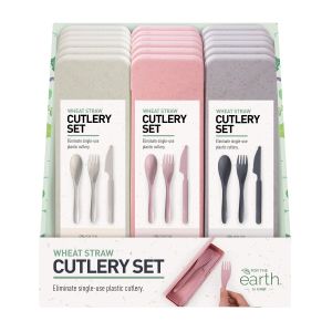 For The Earth Wheat Straw Travel Cutlery Set (3 Asst/18 Disp) Assorted 20.3x5.7x2.2cm
