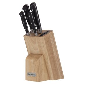 MasterPro Professional Knife Block Set 6pce Stainless Steel/Black/Natural 20cm Chef/20cm Carving/20cm Bread/14cm Utility/9cm Paring/Knife Block 16x12x22cm
