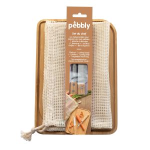 Pebbly Chef Set Natural Board 28x20cm/Peeler 20cm/Paring Knife 21cm/Vegetable Bag 33x26.5cm