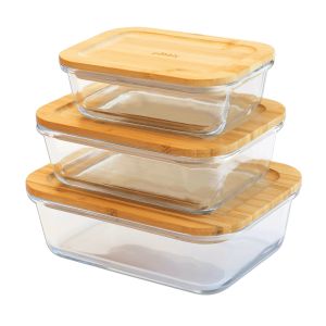 Pebbly Rectangular Food Storage Containers with Bamboo Lid 3pcs Set Transparent 400ml/600ml/1L