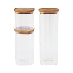 Pebbly Square Storage Containers with Bamboo Lid 3pcs Set Transparent 800ml/1.4L/2.2L