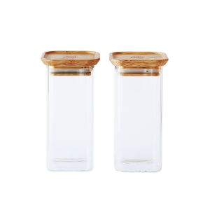 Pebbly Square Storage Containers with Bamboo Lid Set/2 Transparent 6x6x12.5cm/320ml
