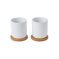 Leaf & Bean Tea Cups with Bamboo Coaster 2pcs Set White 7.1x7.1x8.1cm