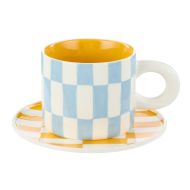 Emporium Check Mug & Plate Set Blue & Orange 15x15x1.5cm/300ml