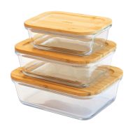 Pebbly Rectangular Food Storage Containers with Bamboo Lid 3pcs Set Transparent 400ml/600ml/1L